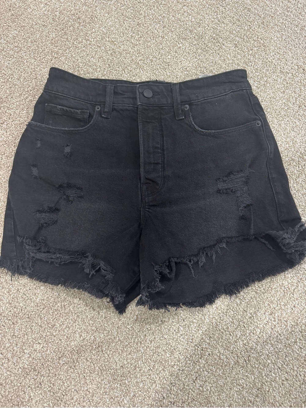 Good American Black Distressed Frayed Hem Denim Shorts